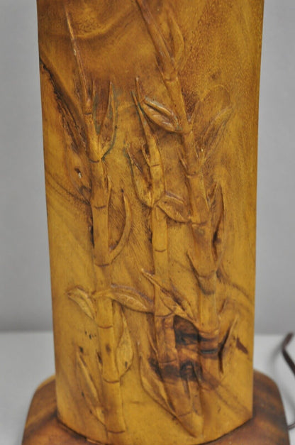 Antique Chinese Carved Solid Teak Wood Block Bamboo Chute Table Lamp