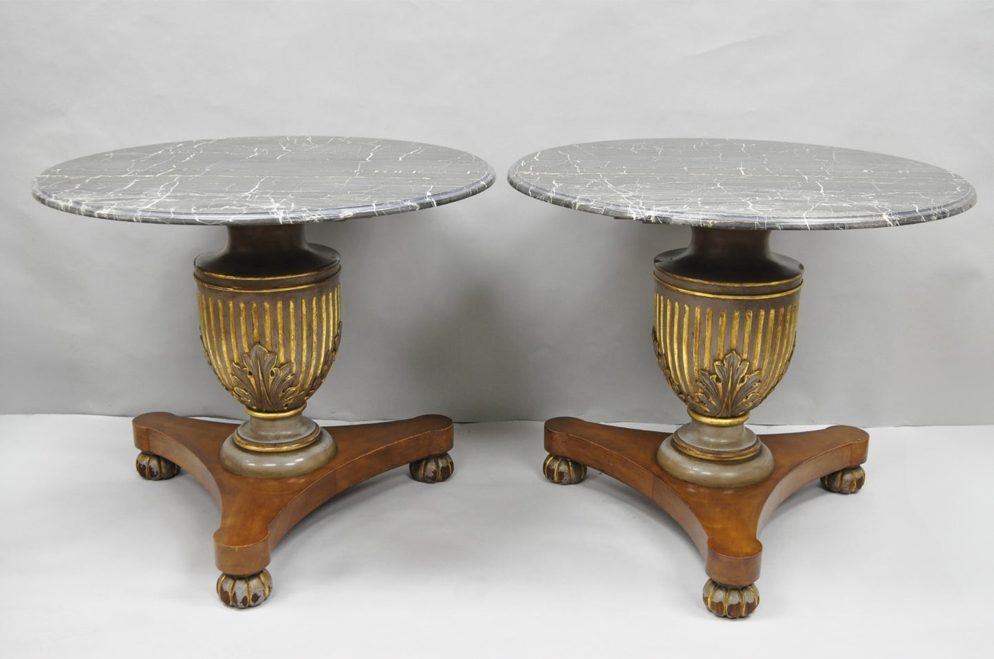 Vintage Italian Neoclassical Style Urn Pedestal Round Marble Side Tables - Pair