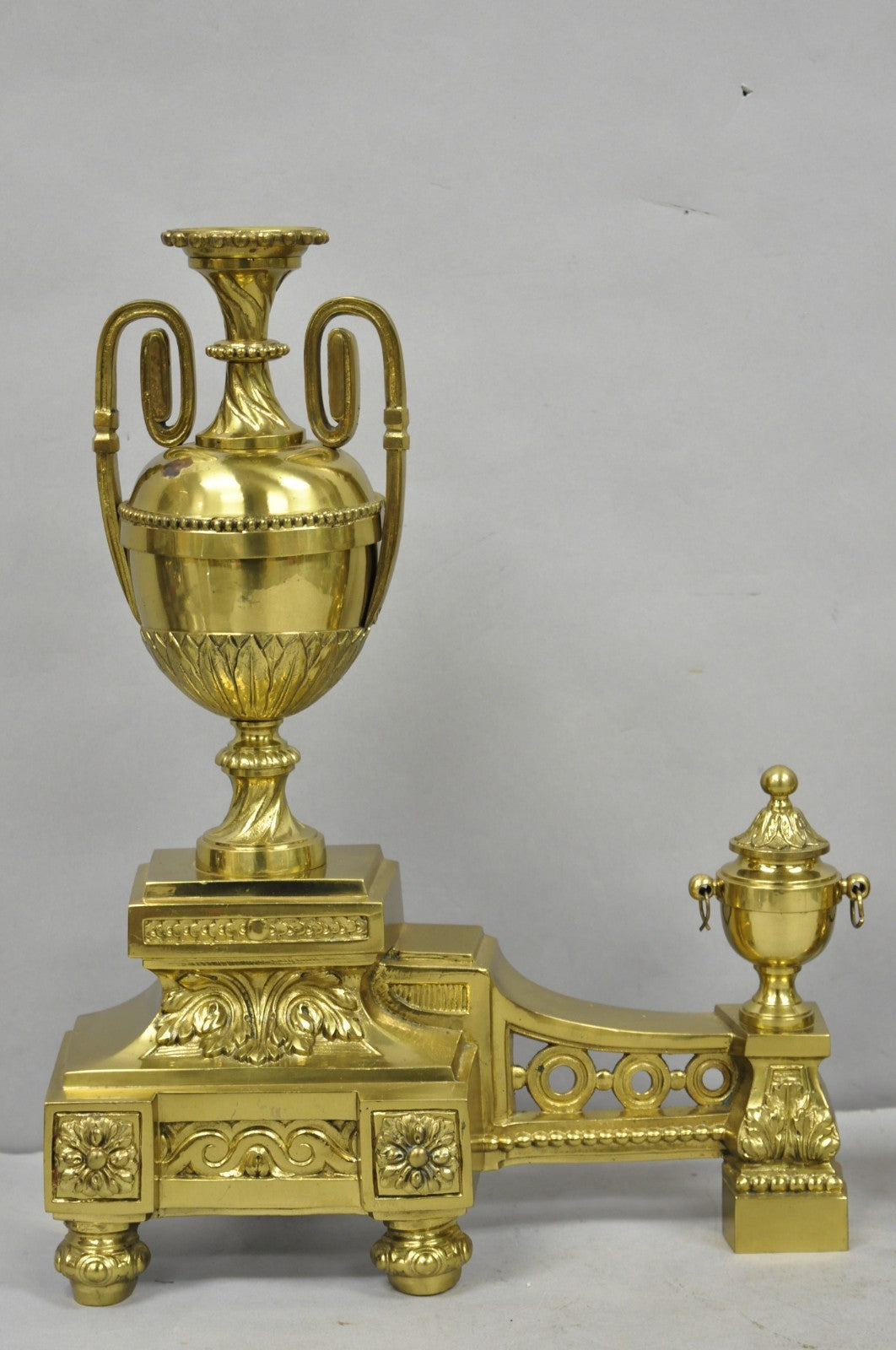 Vintage French Empire Style Gold Brass Urn Fireplace Chenet Andirons - a Pair