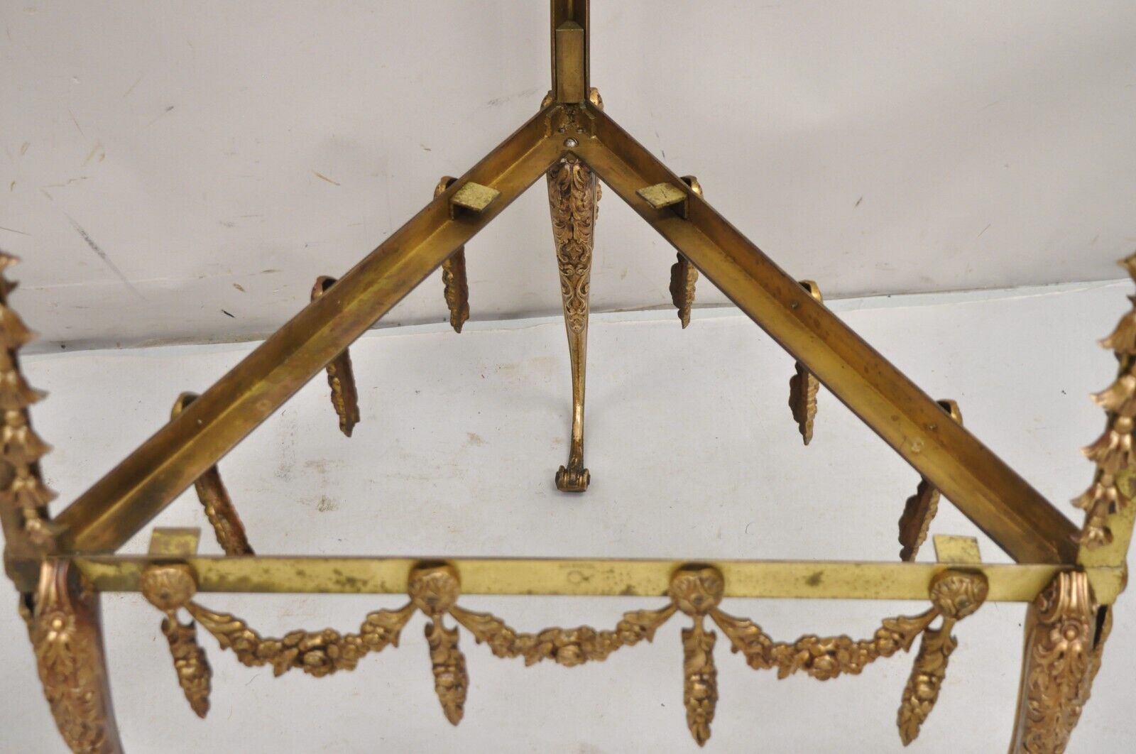 Vintage French Hollywood Regency Ornate Brass Triangular Etagere Stands - Pair