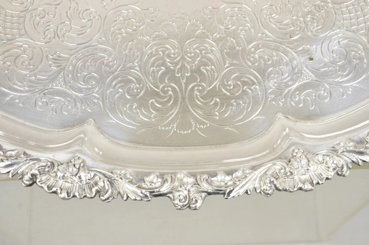 Antique Victorian English Sheffield Ornate Oval Footed Serving Platter Bar Tray