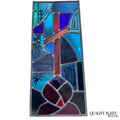 Vintage Art Deco Blue & Red Leaded Stained Glass Church Window w/ Cross 29x13