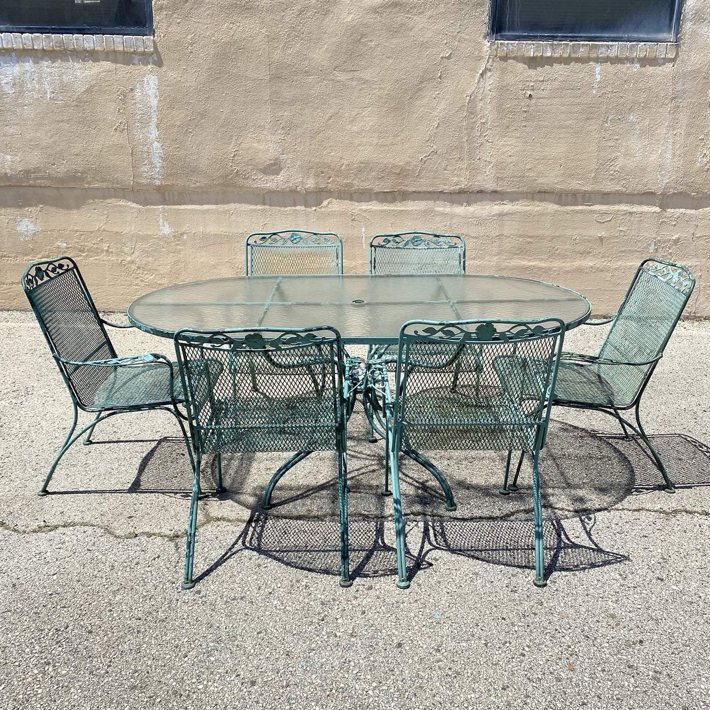 Vintage Woodard Wrought Iron Patio Dining Set w/ Long Oval Dining Table - 7 Pcs