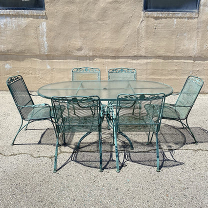 Vintage Woodard Wrought Iron Patio Dining Set w/ Long Oval Dining Table - 7 Pcs