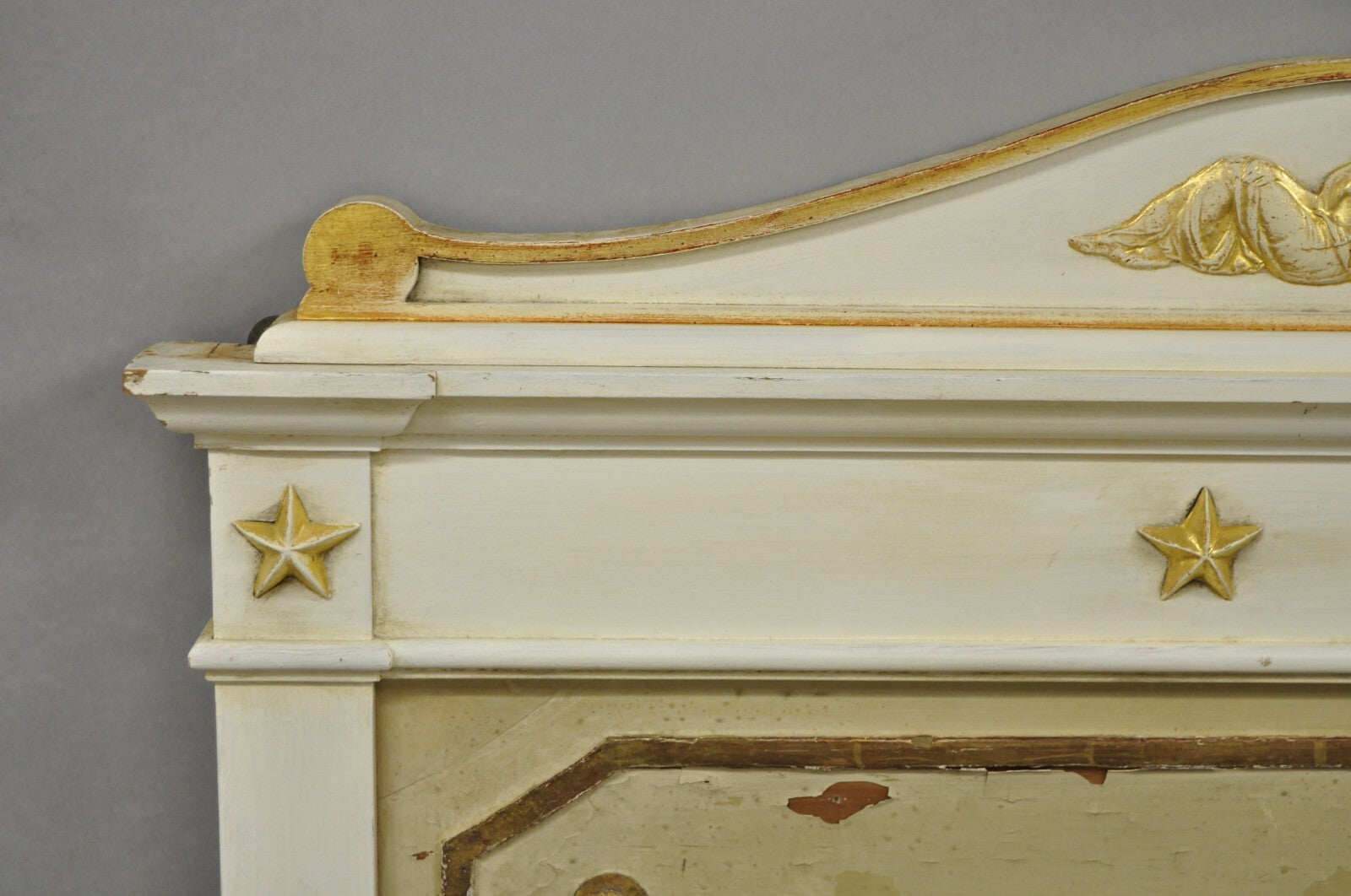 Antique Italian Neoclassical White Distress Painted Gold Gilt 72" Trumeau Mirror