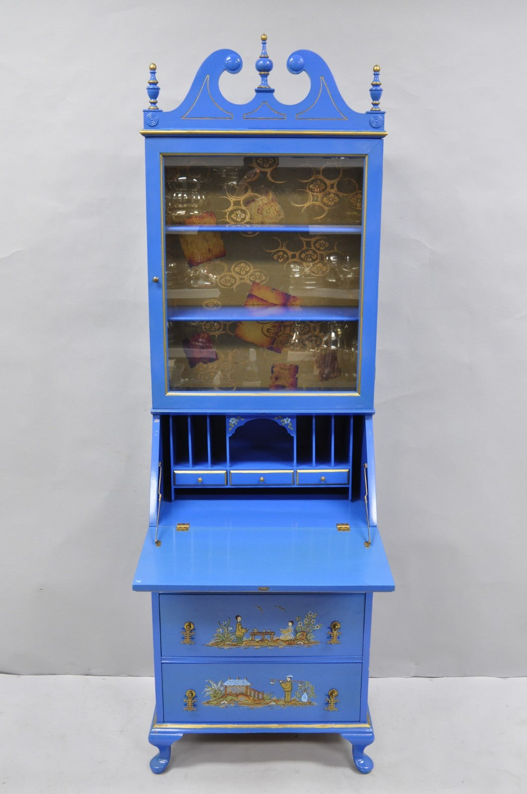 Vintage Chinoiserie Blue Hand Painted Gold Gilt Narrow Bookcase Secretary Desk