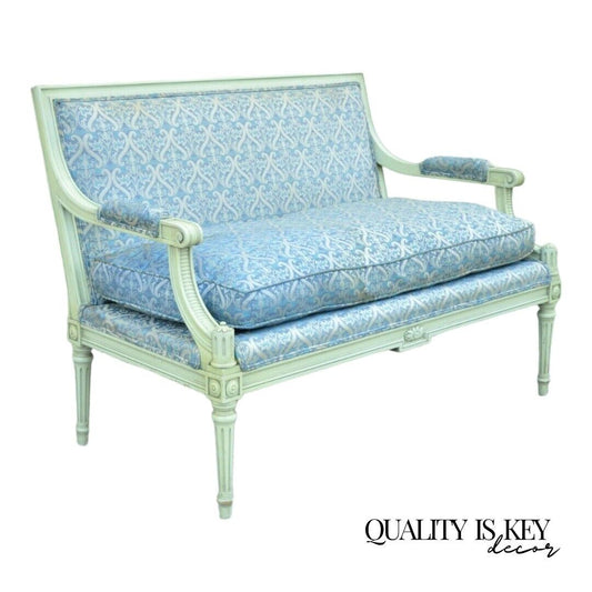 Vintage French Louis XVI Style Hollywood Regency Green Blue Settee Loveseat Sofa