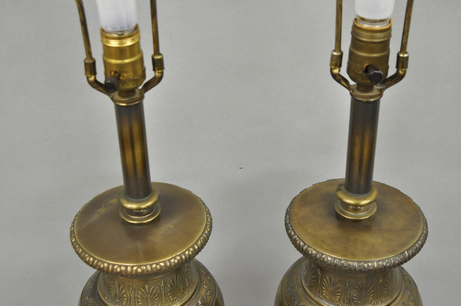 Vintage French Neoclassical Horse & Chariot Bronze Finish Urn Table Lamps a Pair
