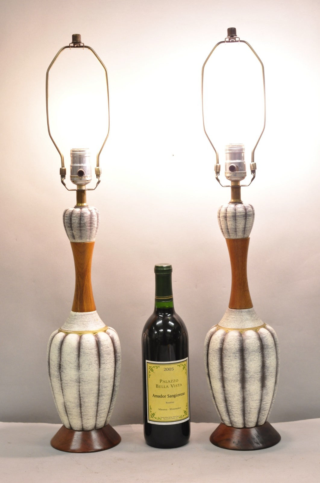 Vintage Mid Century Modern Walnut & Ceramic Small Sculptural Table Lamps - Pair