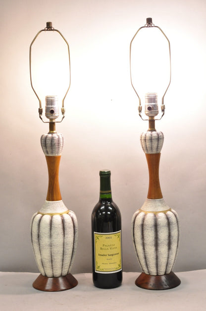 Vintage Mid Century Modern Walnut & Ceramic Small Sculptural Table Lamps - Pair