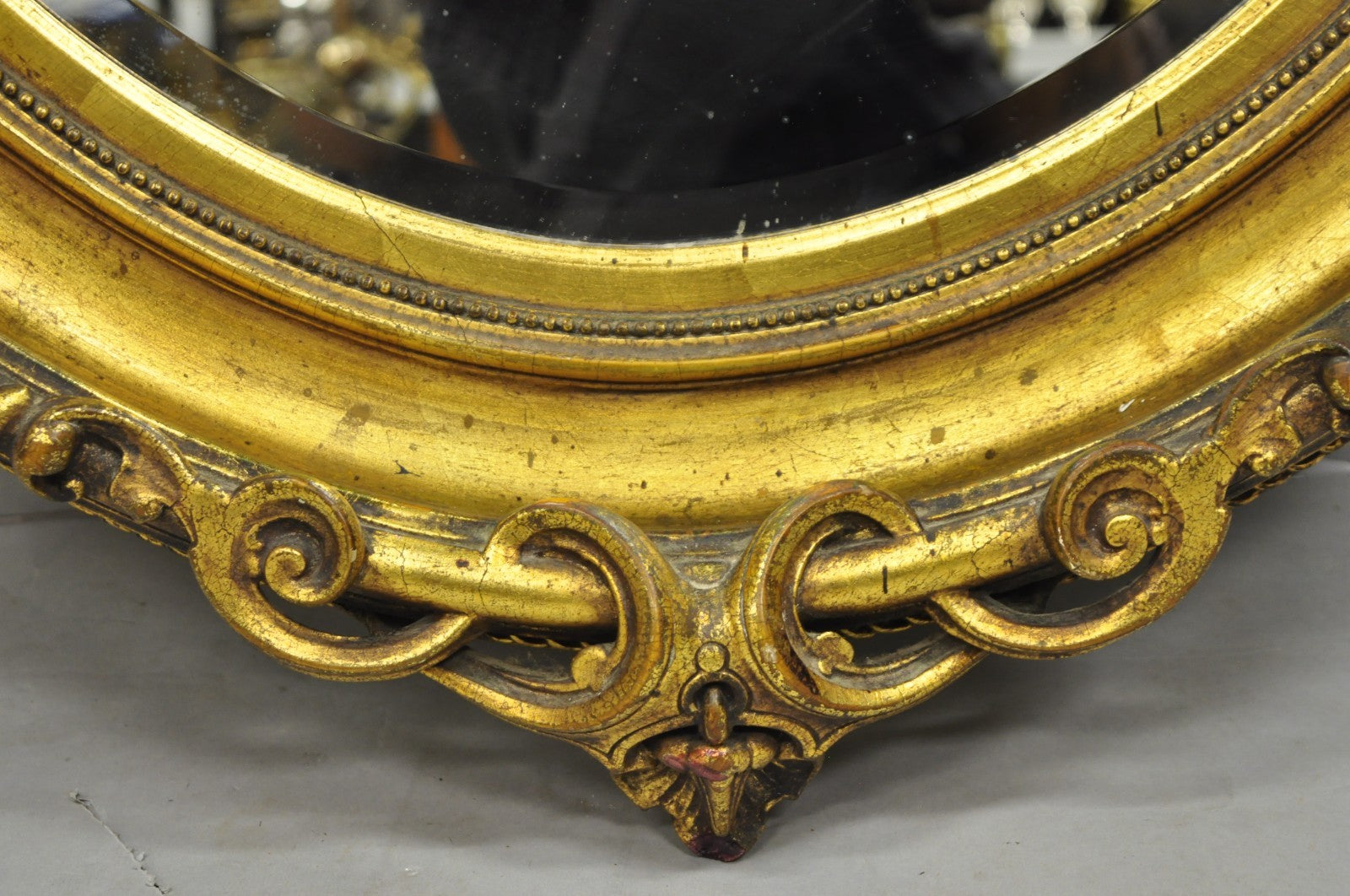 Antique French Victorian Gold Gilt Scroll Oval Beveled Glass Wall Mirror