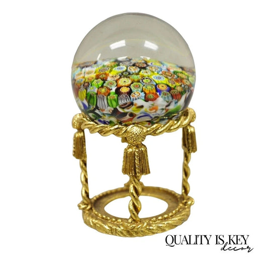 Vintage Art Glass Millefiori Italian Murano Round Sphere Paperweight on Stand