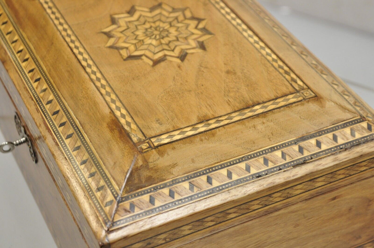 Antique English Marquetry Inlaid Wood Large Tea Caddy Lined in Metal Desk Box