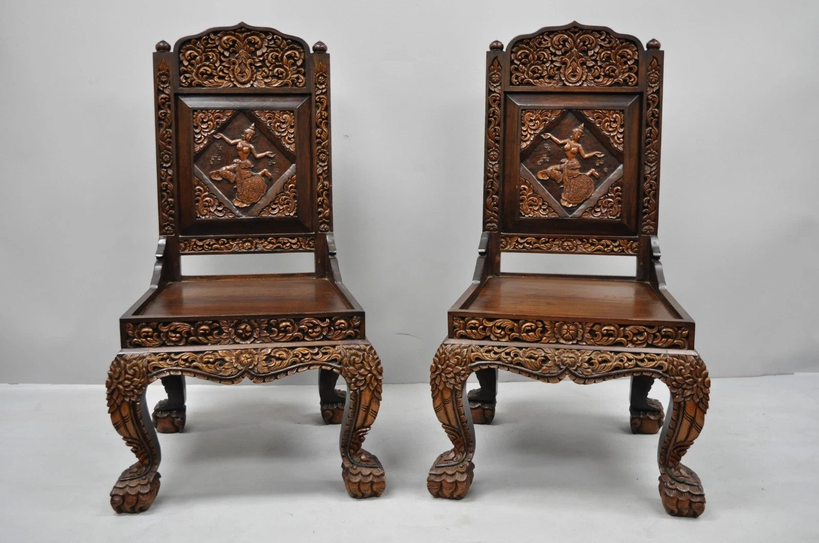 Vintage Chinoiserie Thai Oriental Carved Teak Wood Dining Side Chairs - a Pair