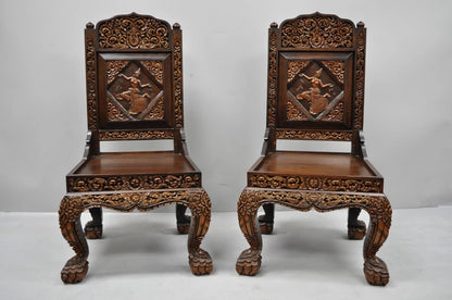 Vintage Chinoiserie Thai Oriental Carved Teak Wood Dining Side Chairs - a Pair
