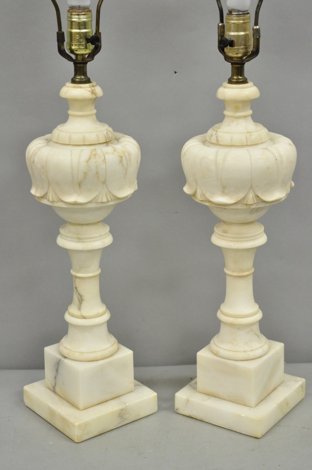 Antique French Empire Carved Italian White Marble Victorian Table Lamps - a Pair