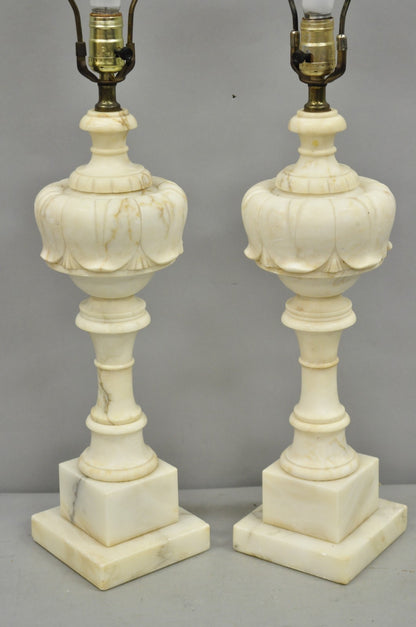 Antique French Empire Carved Italian White Marble Victorian Table Lamps - a Pair