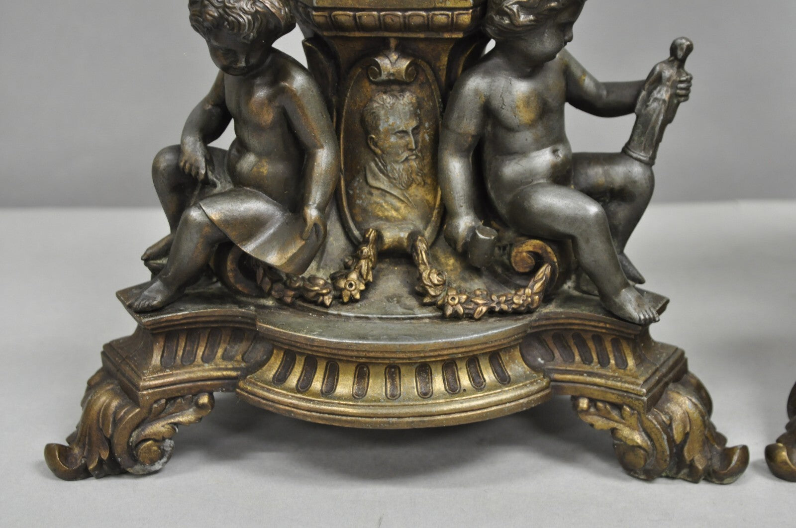 Antique French Empire Renaissance Gilt Metal  & Glass Cherub Table Lamps a Pair