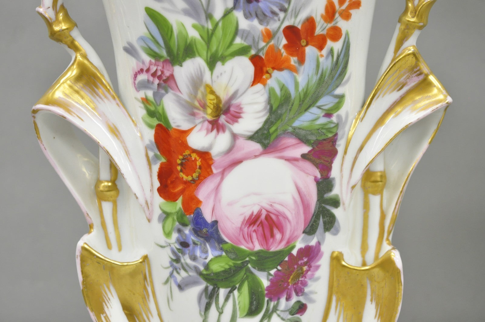 Antique Art Nouveau Austrian Porcelain Painted French Floral Table Lamps, a Pair
