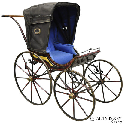 Antique Victorian Hand Painted Baby Carriage Buggy Stroller with Wooden Wheels