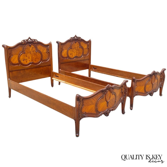 Antique French Louis XV Style Walnut Satinwood Inlay Twin Bed Frames - a Pair
