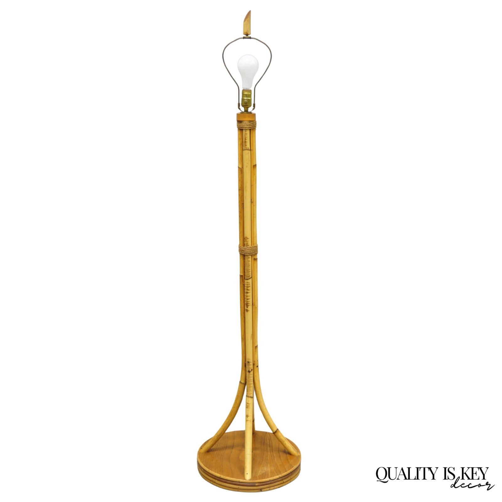 Vintage Mid Century Modern Wrapped Wooden Bamboo Tiki Room Pole Floor Lamp