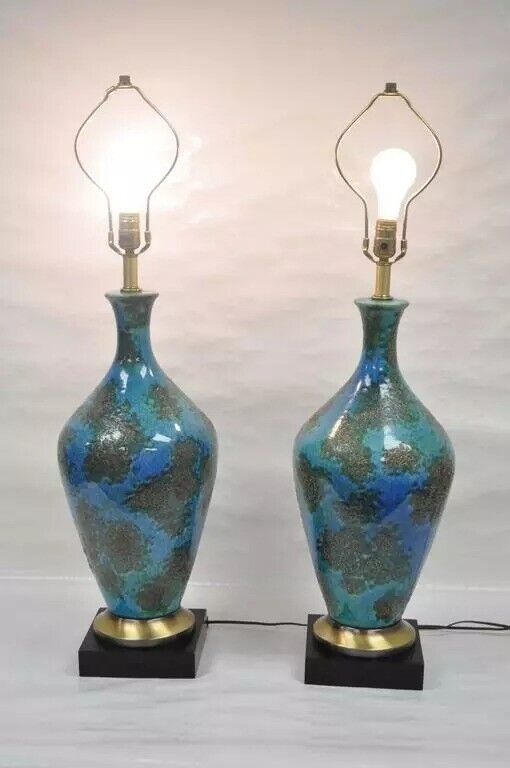Mid Century Italian Modern Blue Glazed Ceramic Pottery "Earth" Table Lamp - Pair