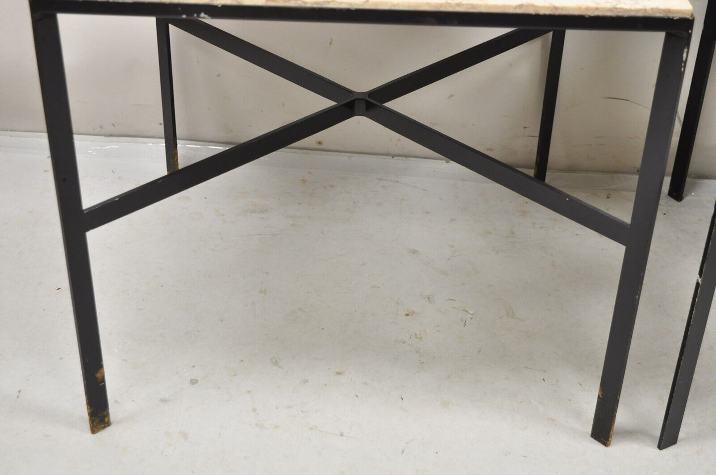 Vintage Paul McCobb Style Wrought Iron and Marble Square Side Tables - a Pair