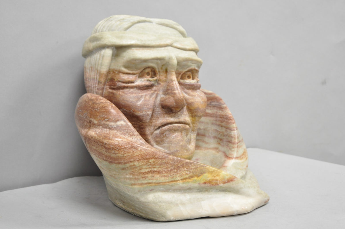 Vintage Seymour Shuren Modern Carved Pink Marble Native American Bust Sculpture