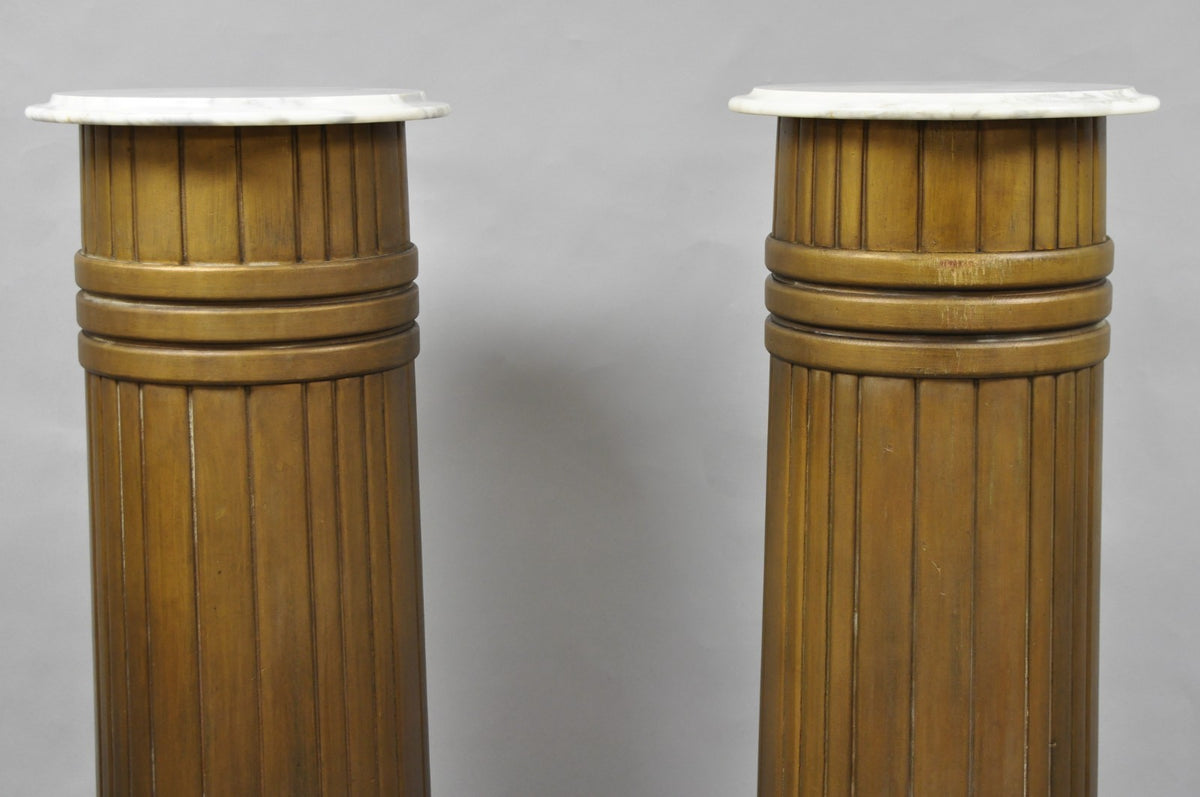 Antique Art Deco 75" Tall Wooden Pedestal Column Geometric Chevron Carved - Pair