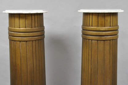 Antique Art Deco 75" Tall Wooden Pedestal Column Geometric Chevron Carved - Pair