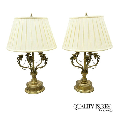 French Empire Style Brass Figural Bird Swan Candelabra Table Lamps - a Pair