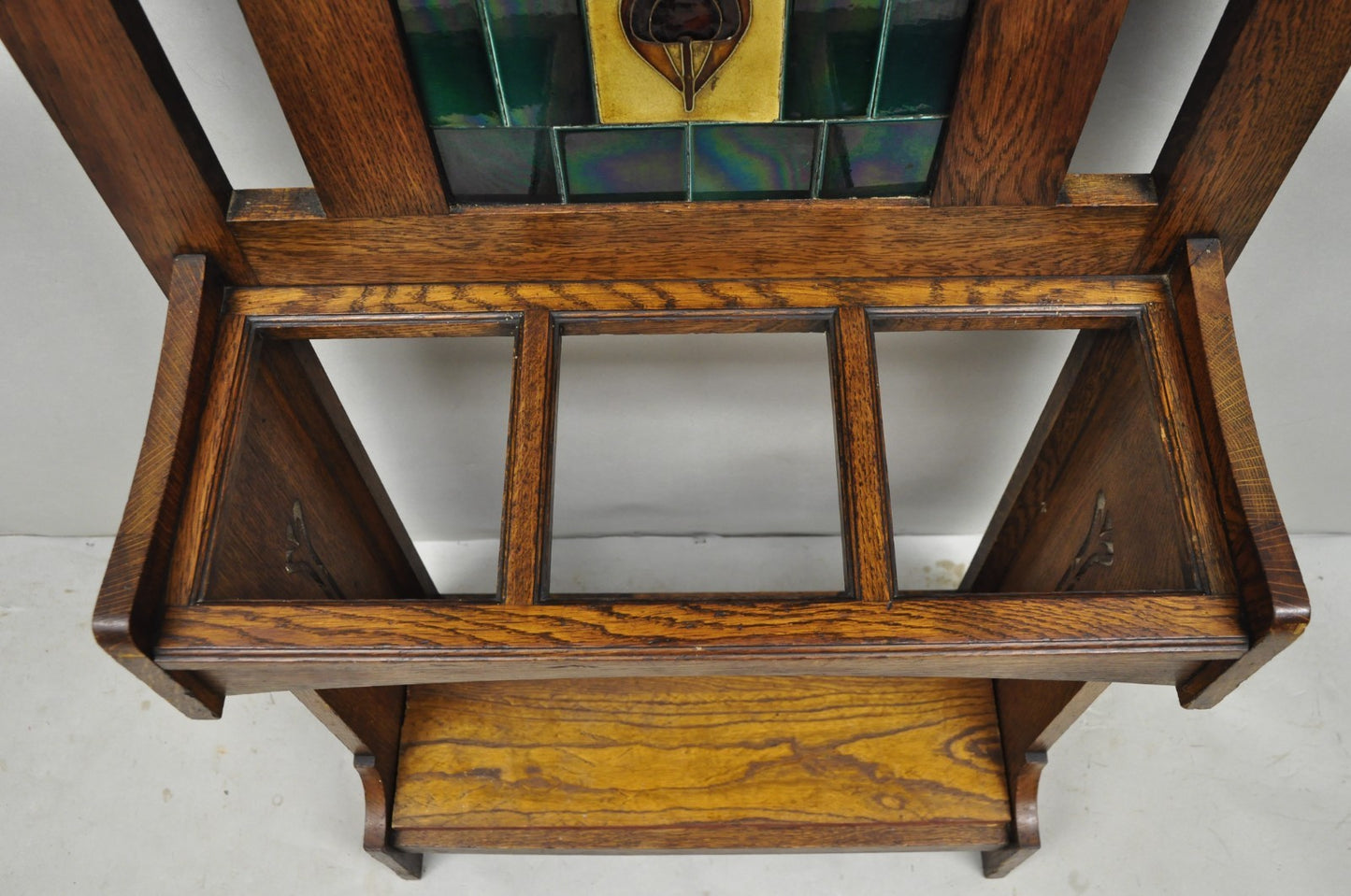 Antique English Art Nouveau Oak & Green Tile Coat Rack Umbrella Stand Hall Tree