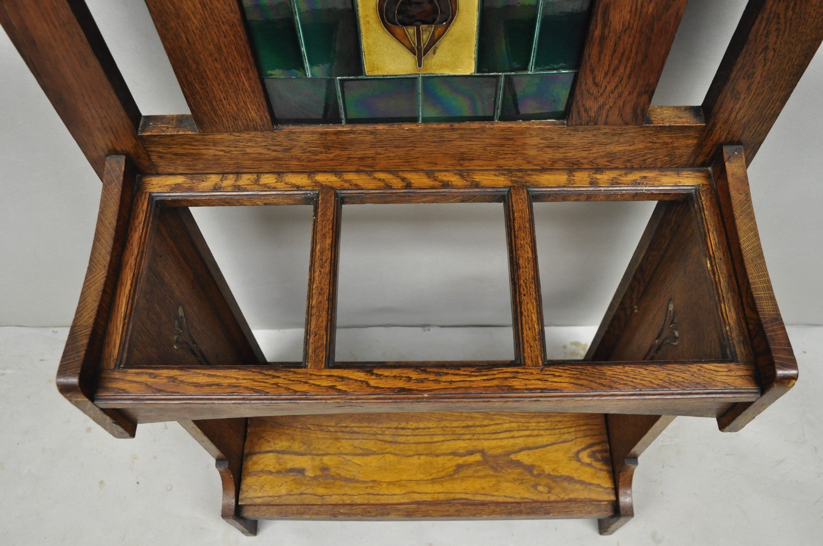 Antique English Art Nouveau Oak & Green Tile Coat Rack Umbrella Stand Hall Tree
