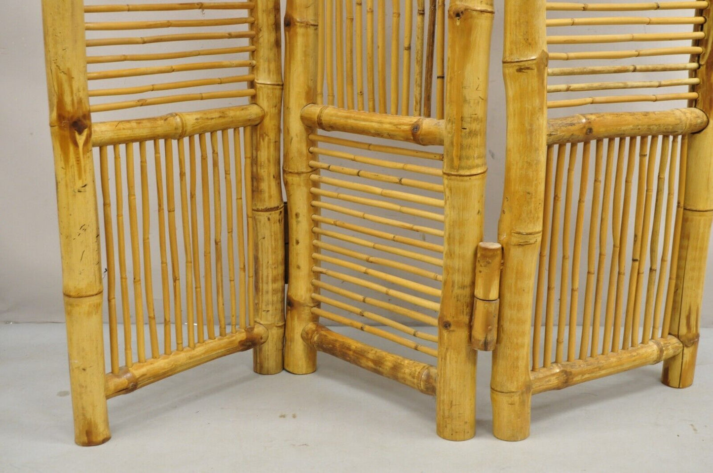 Vintage Boho Chic Bamboo Wood 3 Section Tiki Rattan Room Divider Screen