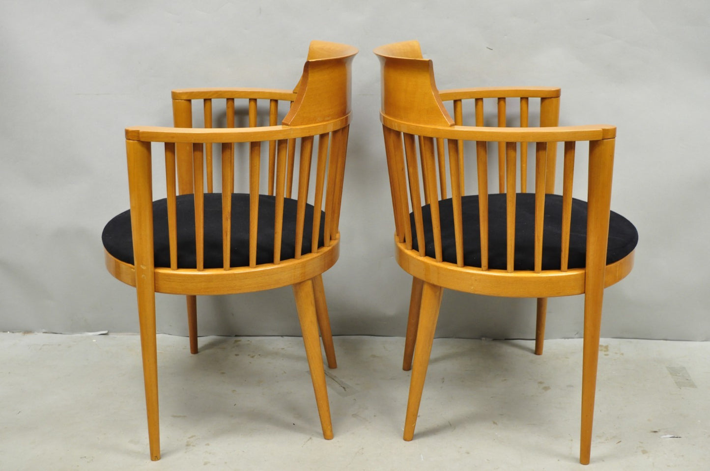 Vintage Postmodern Maple Wood Spindle Barrel Back Lounge Arm Chairs - a Pair
