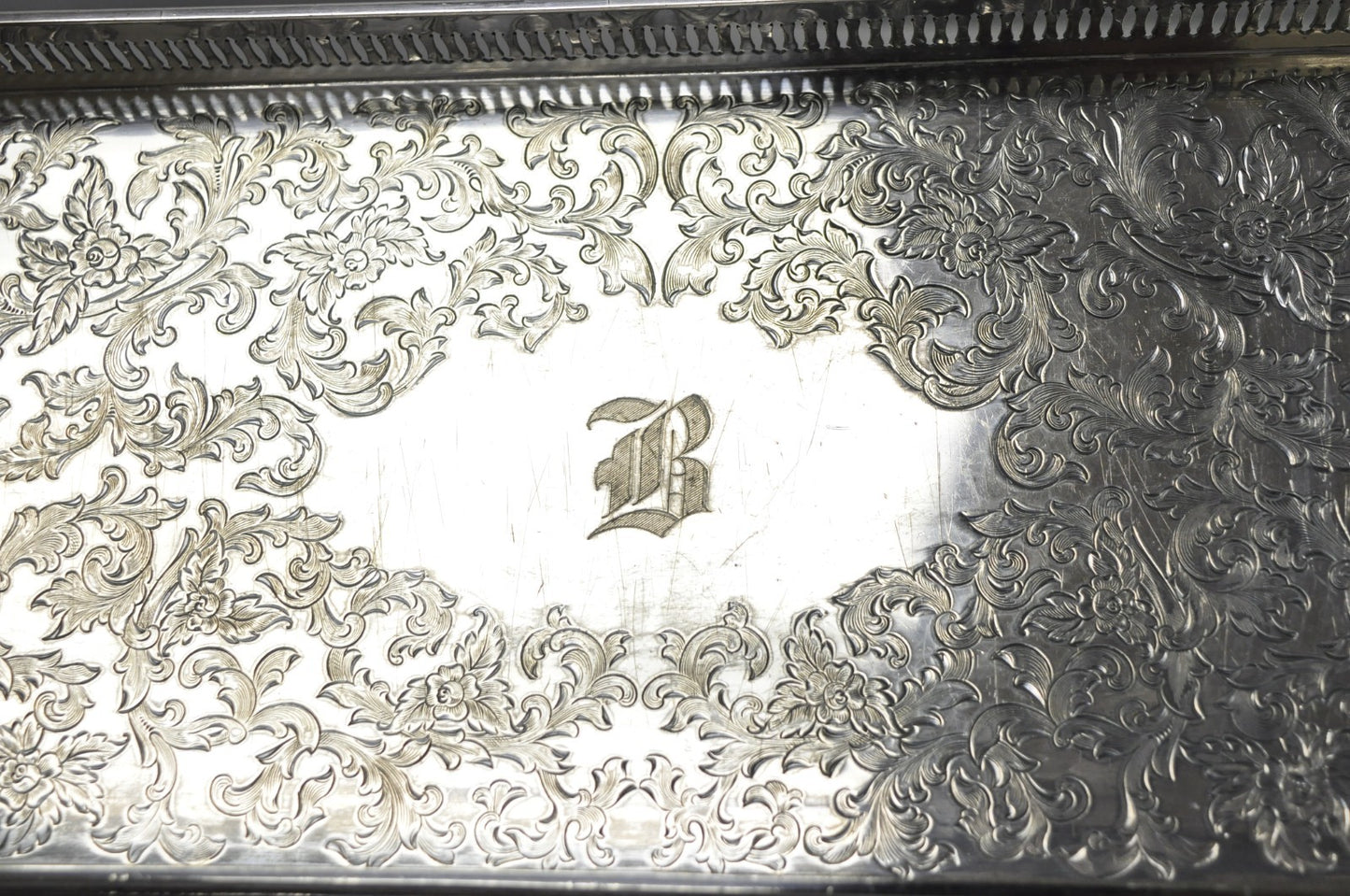 Antique Wilcox Victorian Engraved Narrow Silver Plated Trinket Dish "B" Monogram