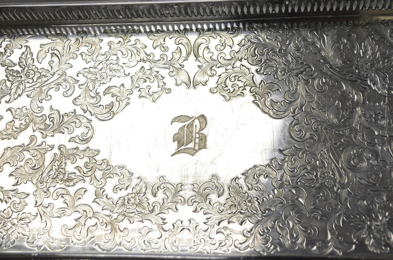 Antique Wilcox Victorian Engraved Narrow Silver Plated Trinket Dish "B" Monogram