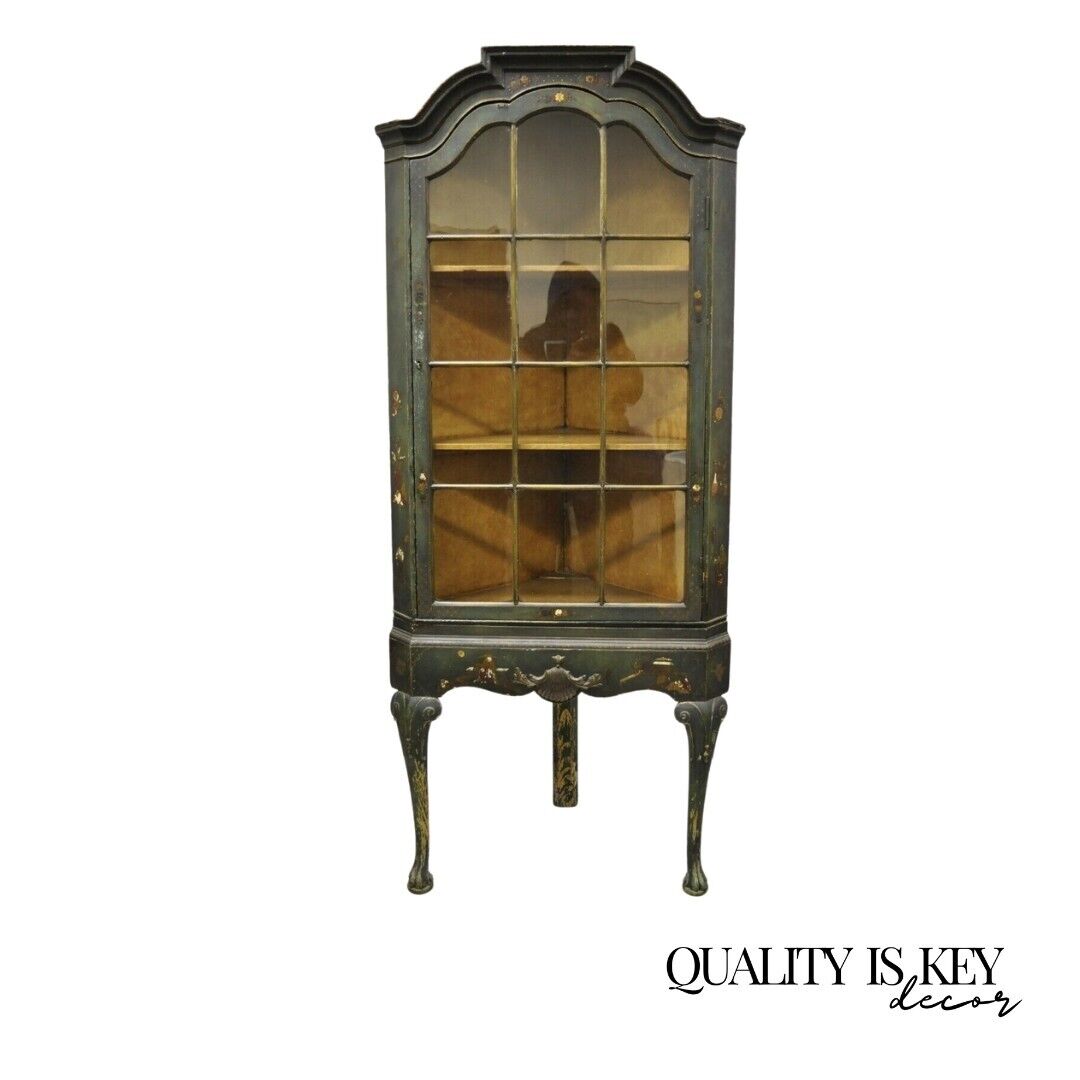 English Georgian Green Distress Painted Queen Anne Corner China Cabinet Curio