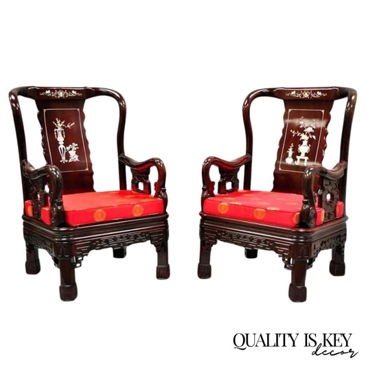 Vintage Oriental Chinese Carved Wood Throne Lounge Chairs w/ Pearl Inlay - Pair