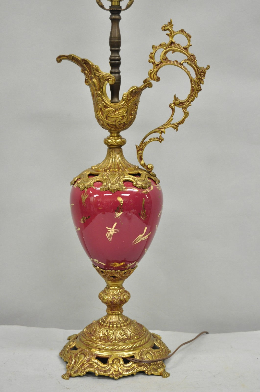 Vintage French Renaissance Style Painted Porcelain Urn Brass Ewer Table Lamp