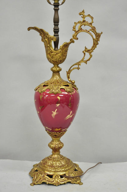 Vintage French Renaissance Style Painted Porcelain Urn Brass Ewer Table Lamp