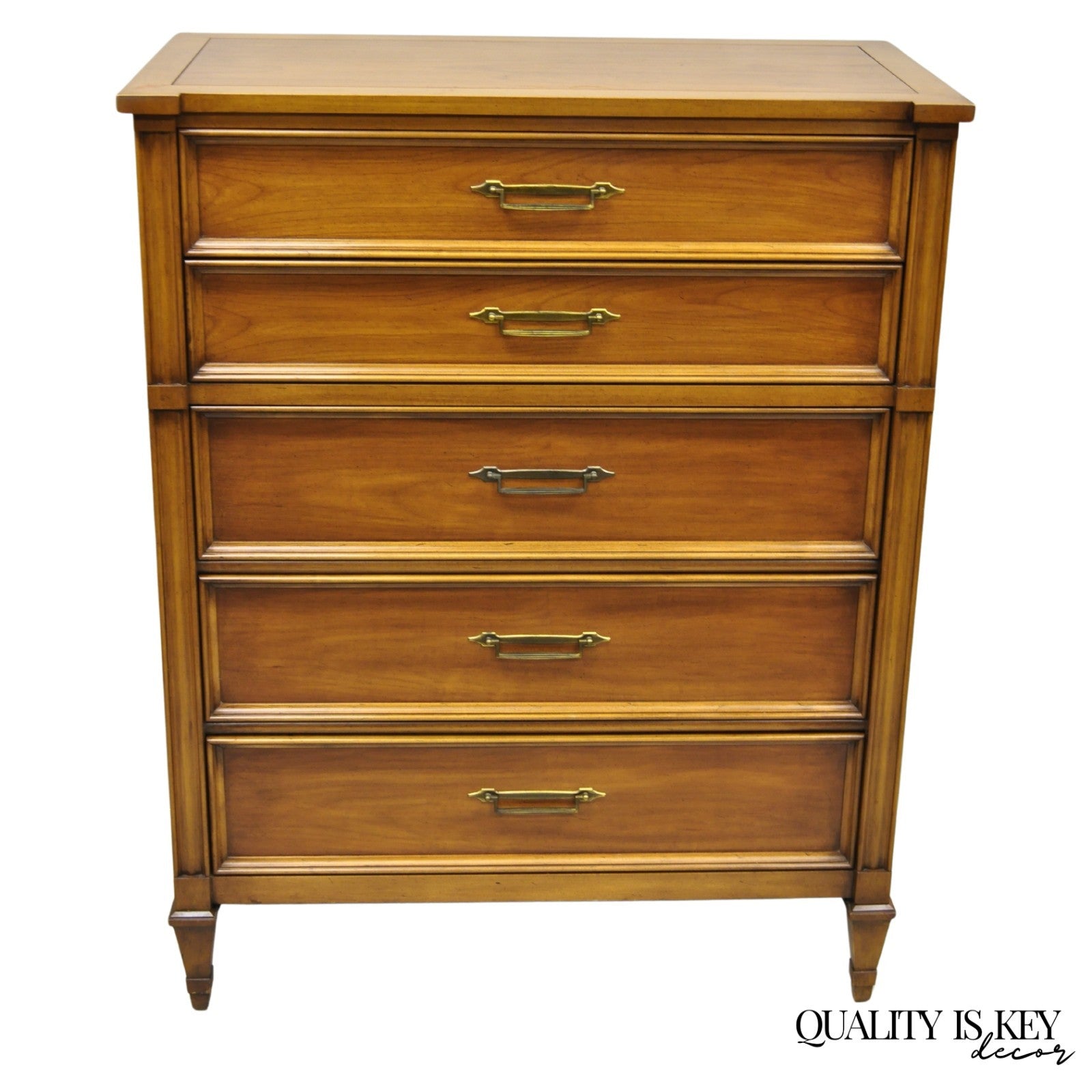 Vintage Hollywood Regency Cherry Wood 5 Drawer Tall Chest Dresser by White Furn