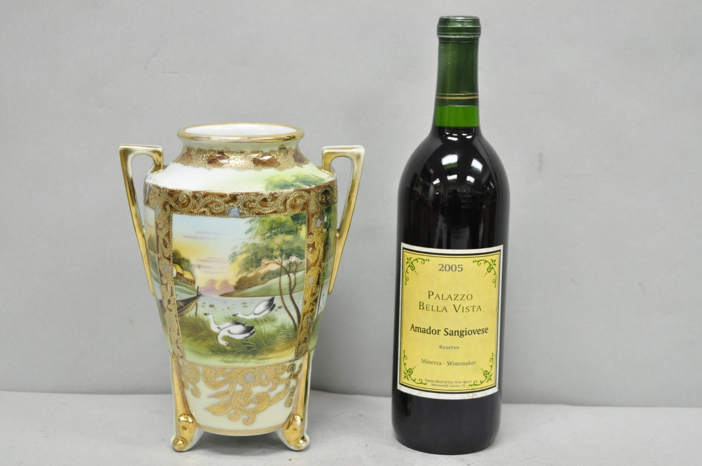 Antique Nippon Hand Painted Porcelain Twin Handled Vase w/ Swan & Lake Scene