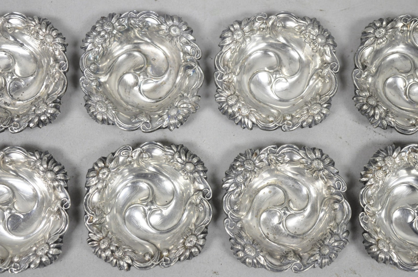 Antique English Art Nouveau Silver Plated Floral Repousse Nut Dish Bowl Set of 8