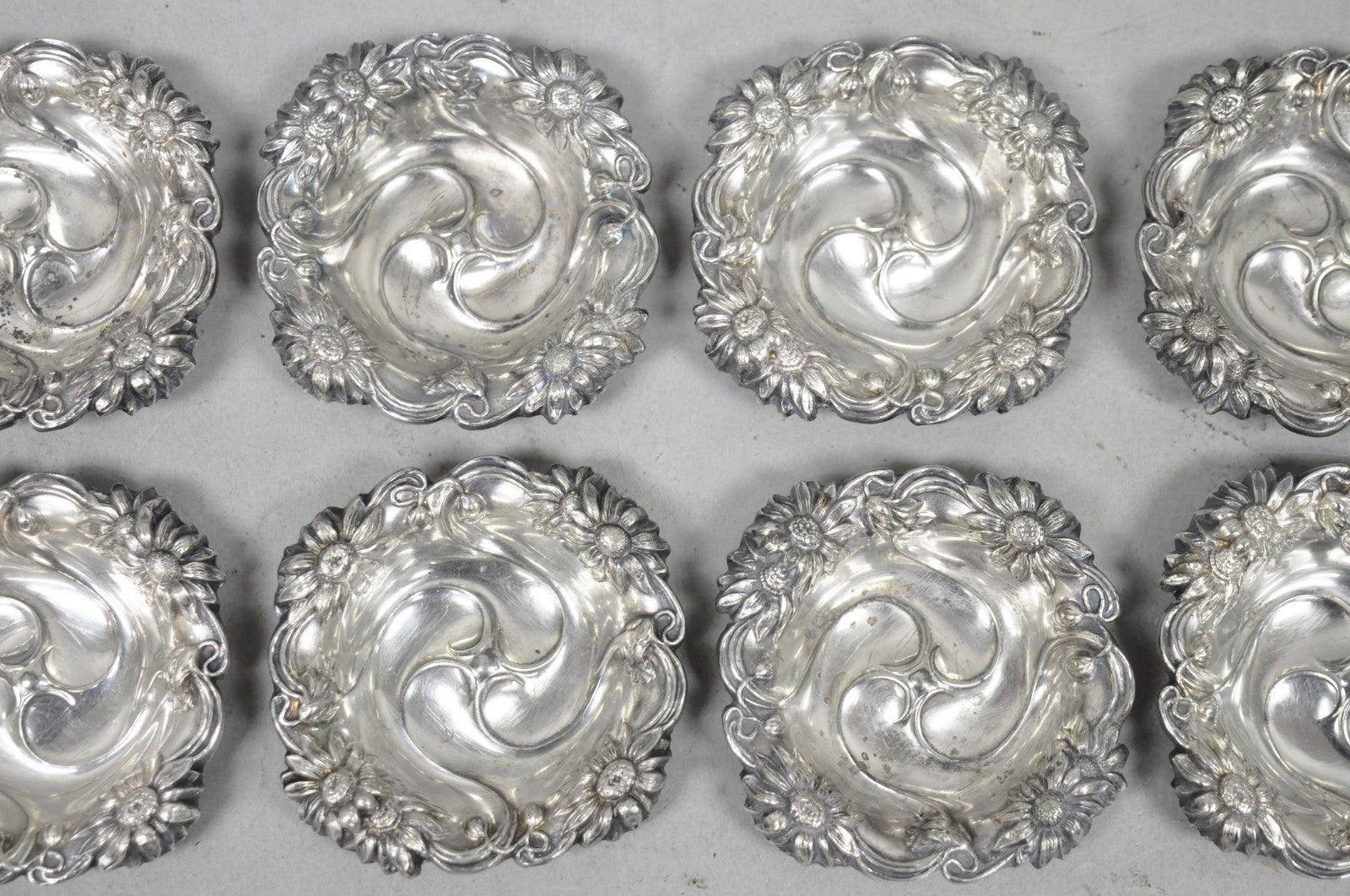 Antique English Art Nouveau Silver Plated Floral Repousse Nut Dish Bowl Set of 8