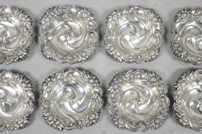 Antique English Art Nouveau Silver Plated Floral Repousse Nut Dish Bowl Set of 8