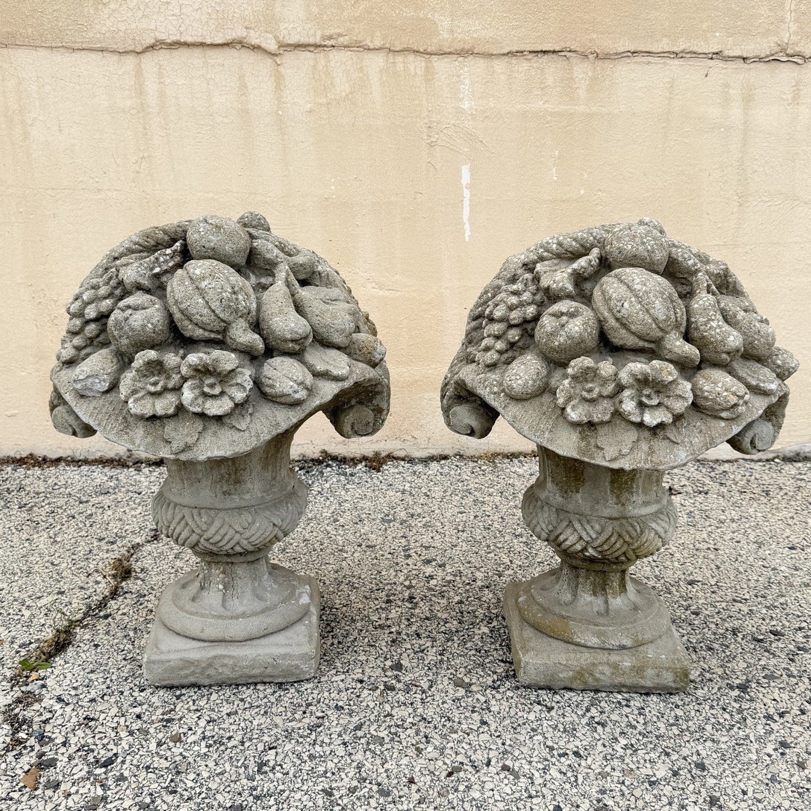 Vintage Cast Cement Stone 26" Fruit & Flower Basket Garden Lawn Ornament - Pair