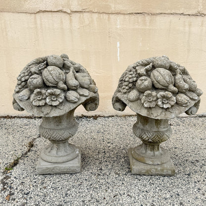 Vintage Cast Cement Stone 26" Fruit & Flower Basket Garden Lawn Ornament - Pair