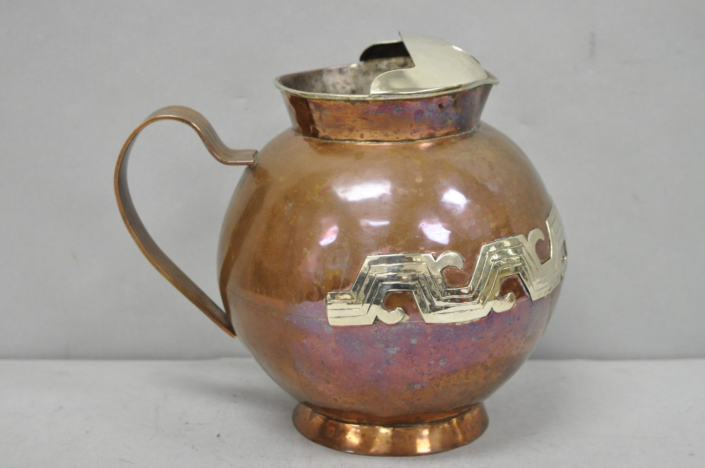Vintage Artesanias Taxco Mexico Primitive Water Pitcher Silver Mounted Copper